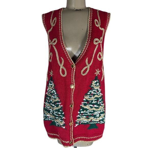 Hand Knit Christmas Tree Cardigan Sweater Vest - Picture 1 of 6